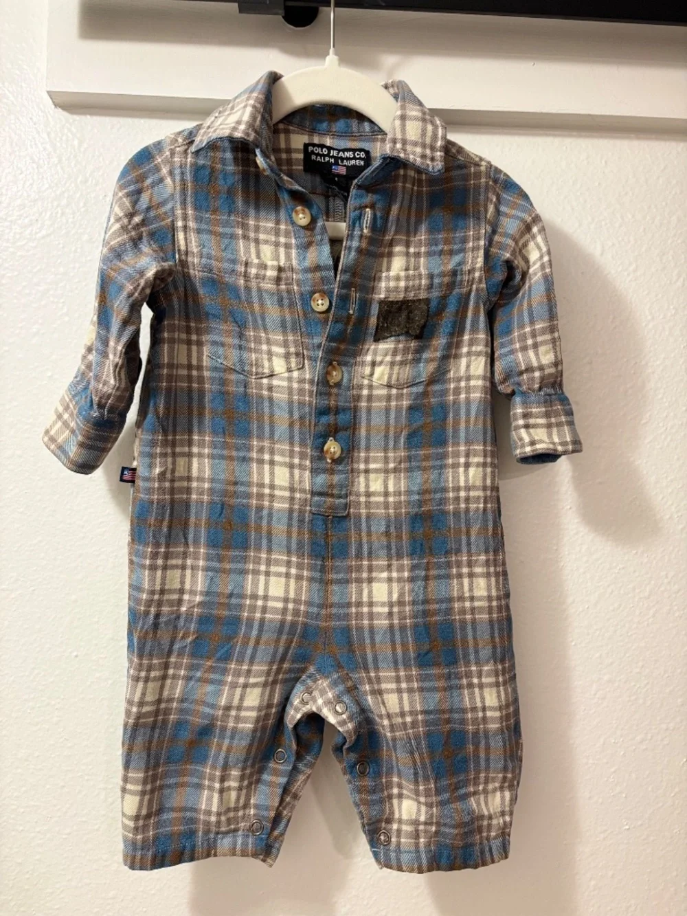 Ralph Lauren Infant Boys Sz 6M Blue Plaid Flannel One Piece Jumpsuit